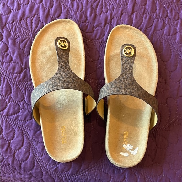 Michael Kors Gold and Brown Slide Sandals - Picture 1 of 3